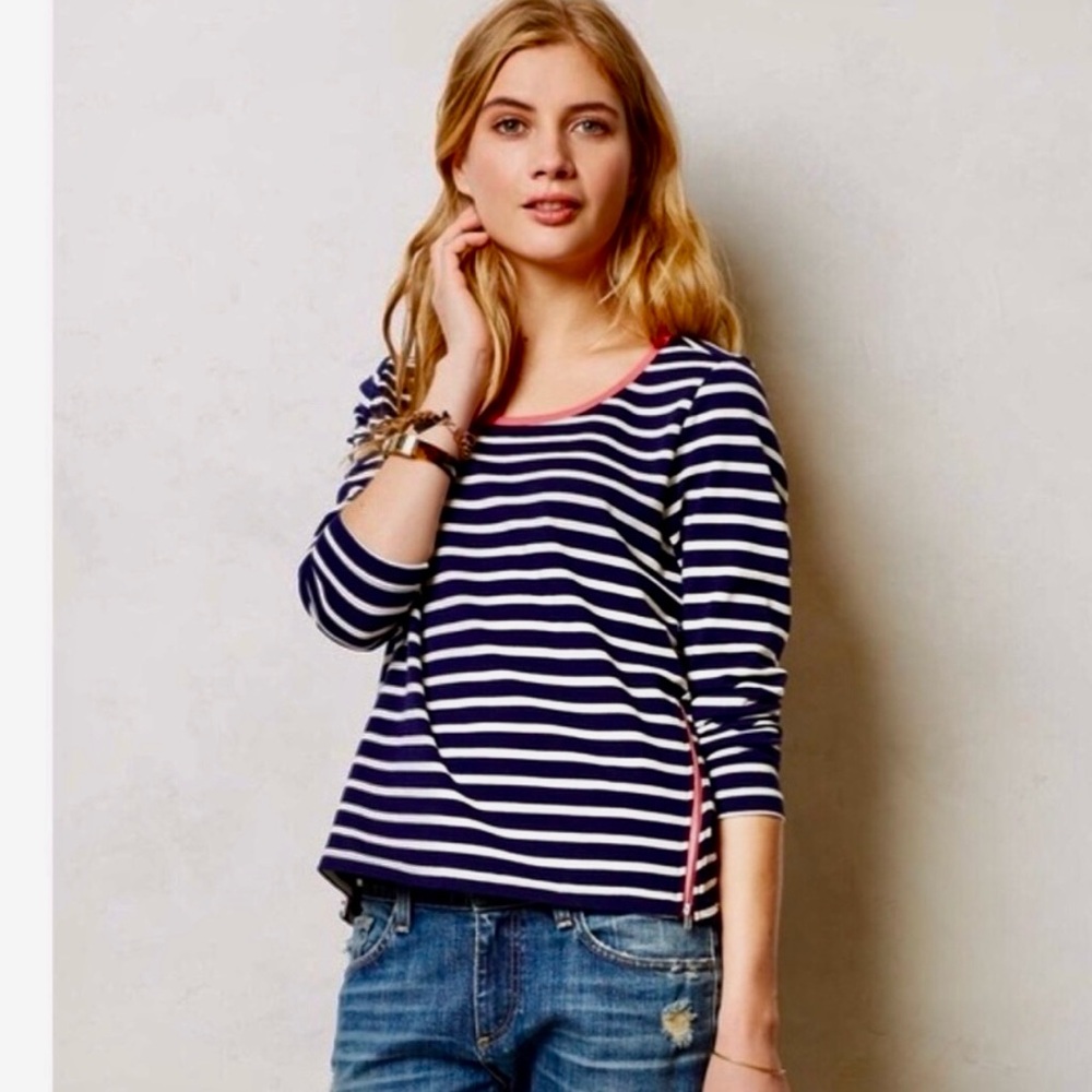 ANTHROPOLOGIE Lili's Closet Top Stripe Navy White Pink piping Zipper Hi-Lo S